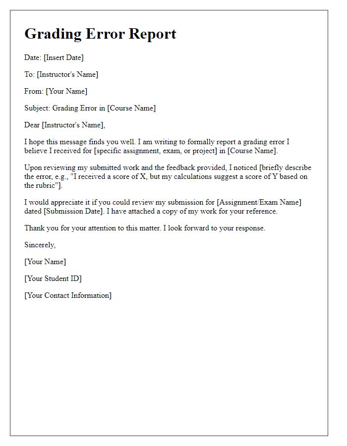 Letter template of grading error report