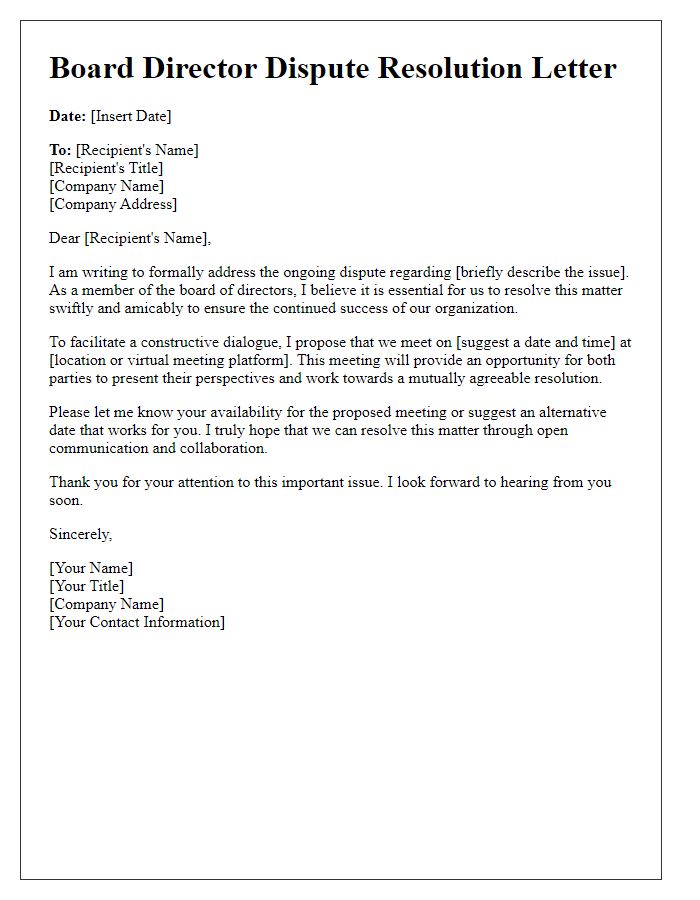 Letter template of board director dispute resolution letter.