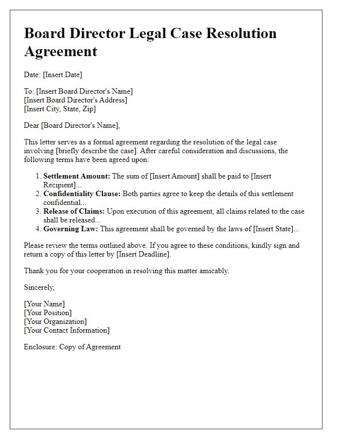 Letter template of board director legal case resolution agreement.