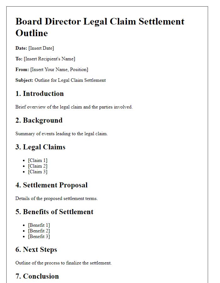 Letter template of board director legal claim settlement outline.