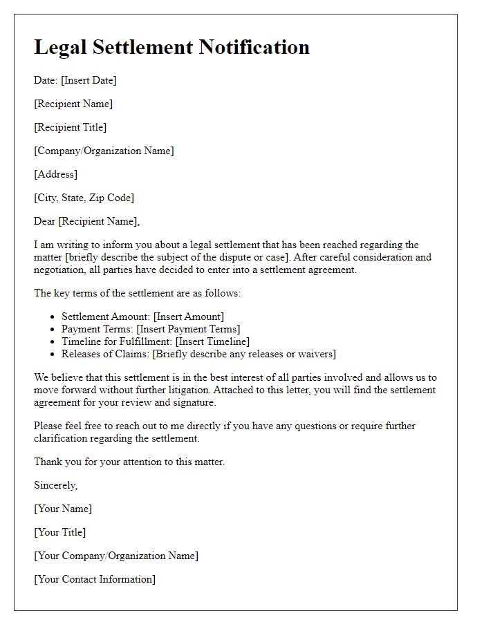 Letter template of board director legal settlement notification.