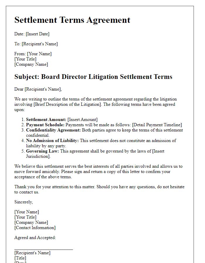 Letter template of board director litigation settlement terms.