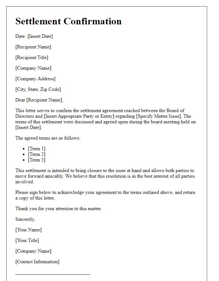 Letter template of board director settlement confirmation correspondence.