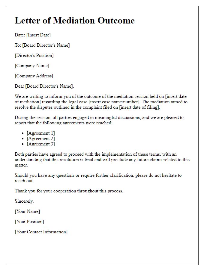 Letter template of mediation outcome for board director legal case.