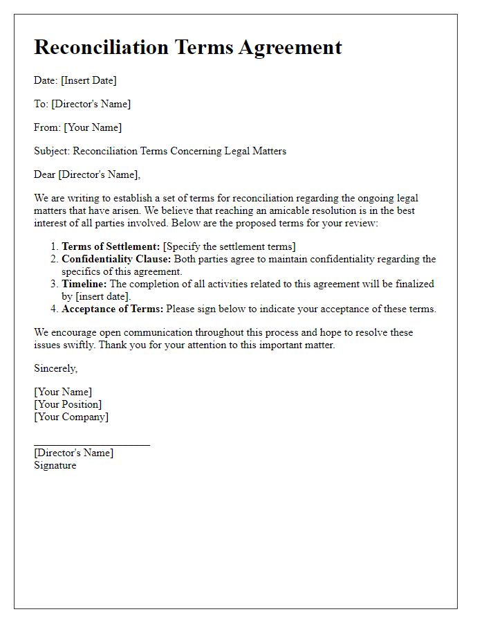 Letter template of reconciliation terms for board director legal issues.