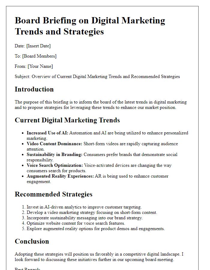 Letter template of board briefing on digital marketing trends and strategies