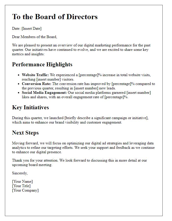 Letter template of board communication regarding digital marketing performance