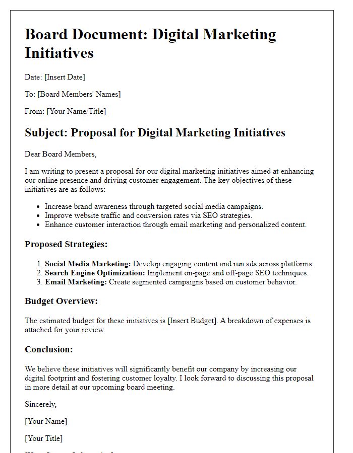 Letter template of board document on digital marketing initiatives