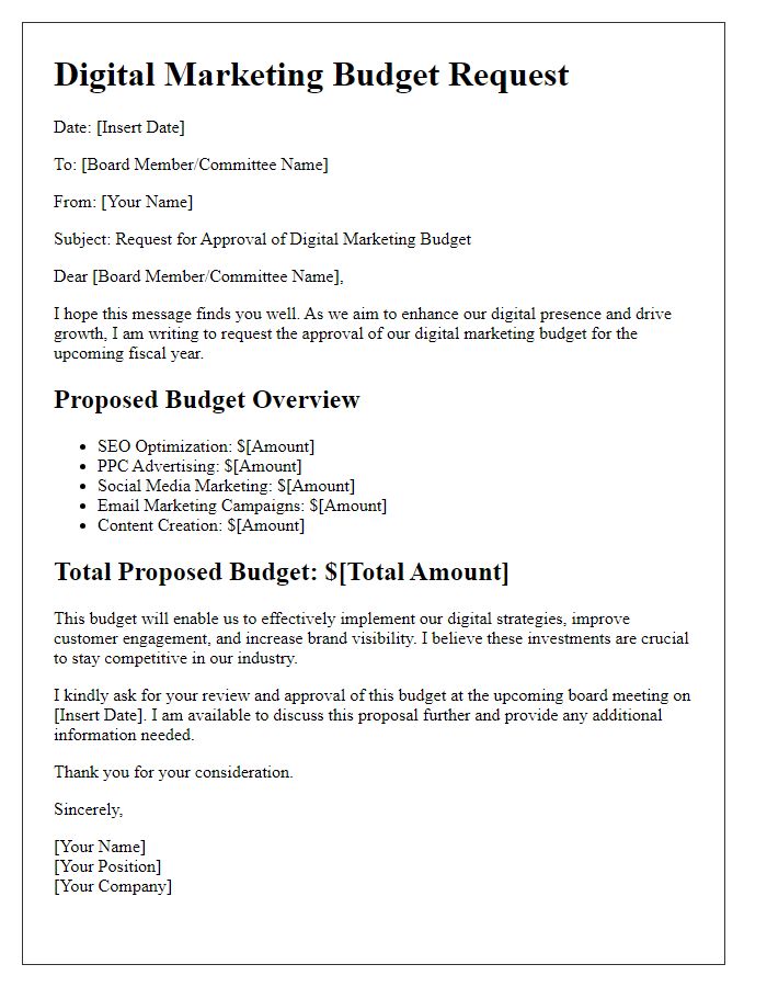 Letter template of digital marketing budget request for board review