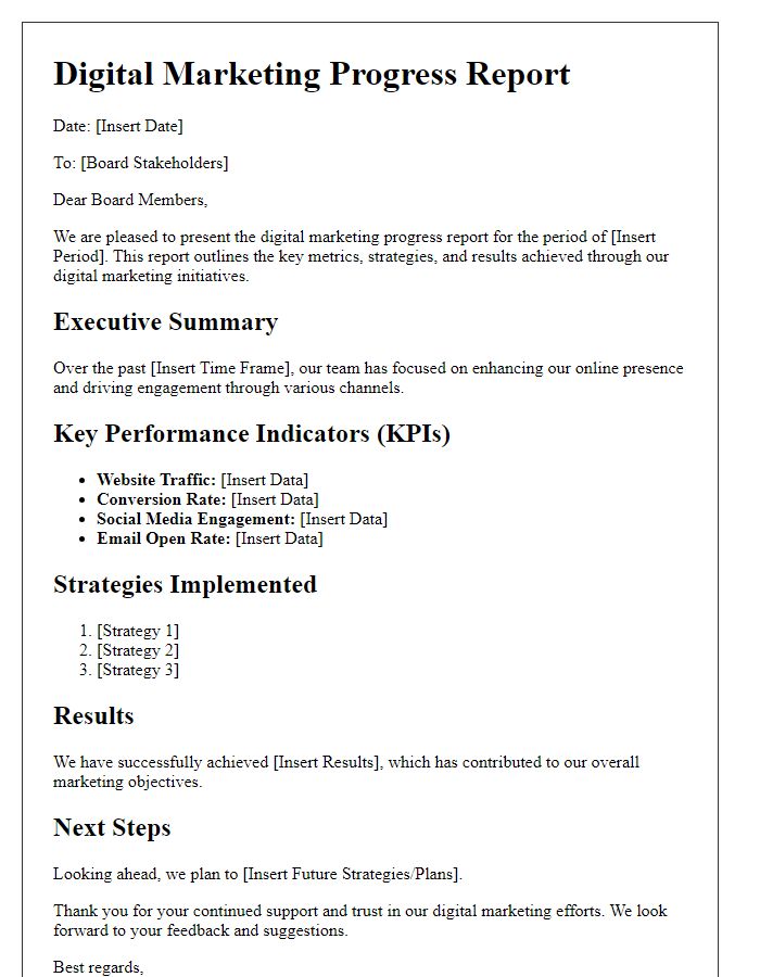 Letter template of digital marketing progress report for board stakeholders