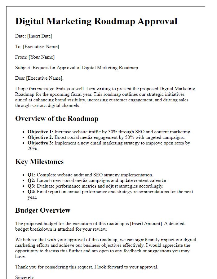 Letter template of digital marketing roadmap for executive approval