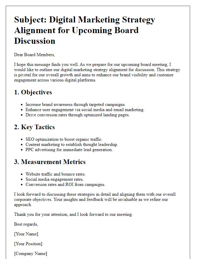 Letter template of digital marketing strategy alignment for board discussion