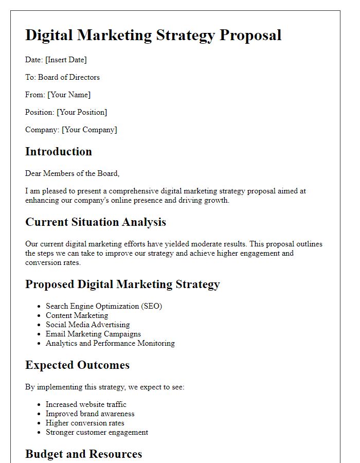 Letter template of digital marketing strategy proposal for board directors