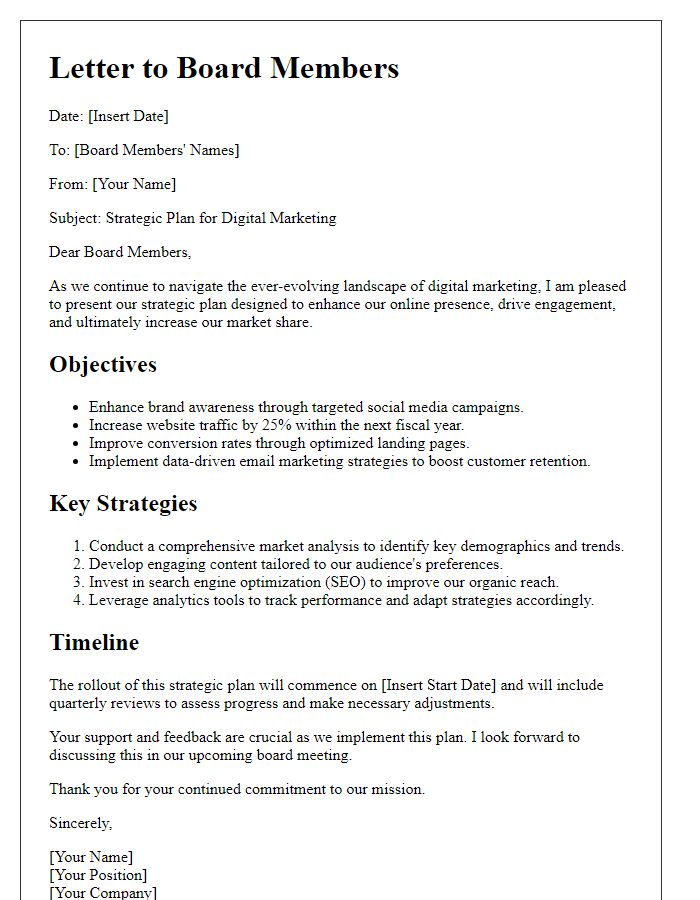 Letter template of strategic plan for digital marketing to board members