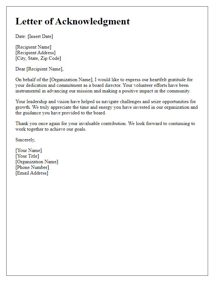 Letter template of acknowledgment for board director volunteer dedication