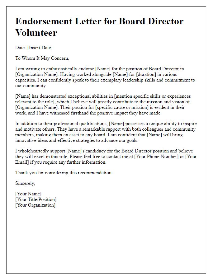 Letter template of endorsement for board director volunteer influence