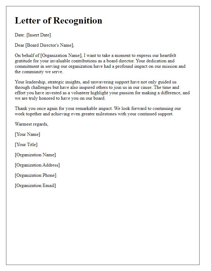 Letter template of recognition for board director volunteer impact