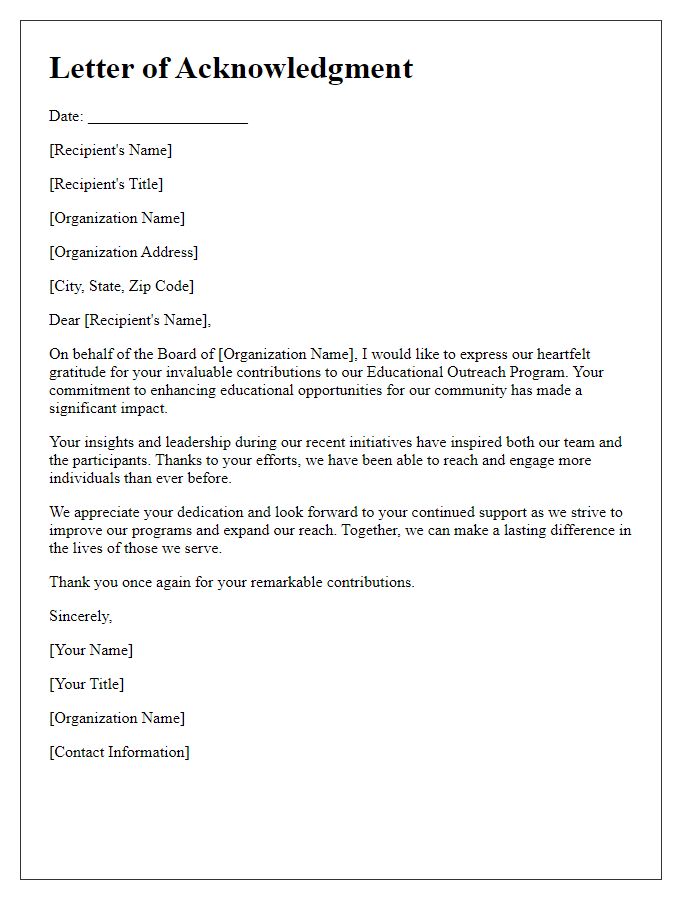 Letter template of Acknowledgment for Board Director Educational Outreach Contributions