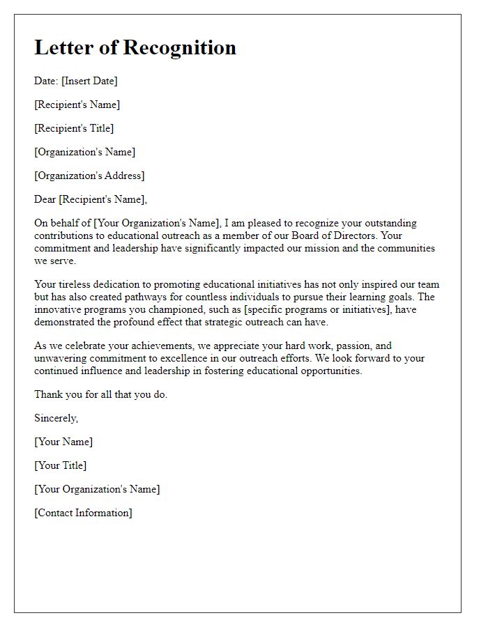 Letter template of Recognition for Excellence in Board Director Educational Outreach