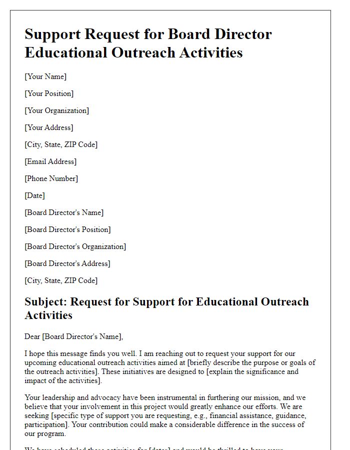 Letter template of Support Request for Board Director Educational Outreach Activities