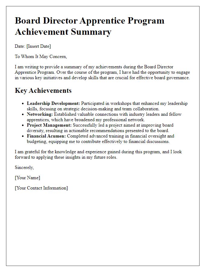 Letter template of board director apprentice program achievement summary