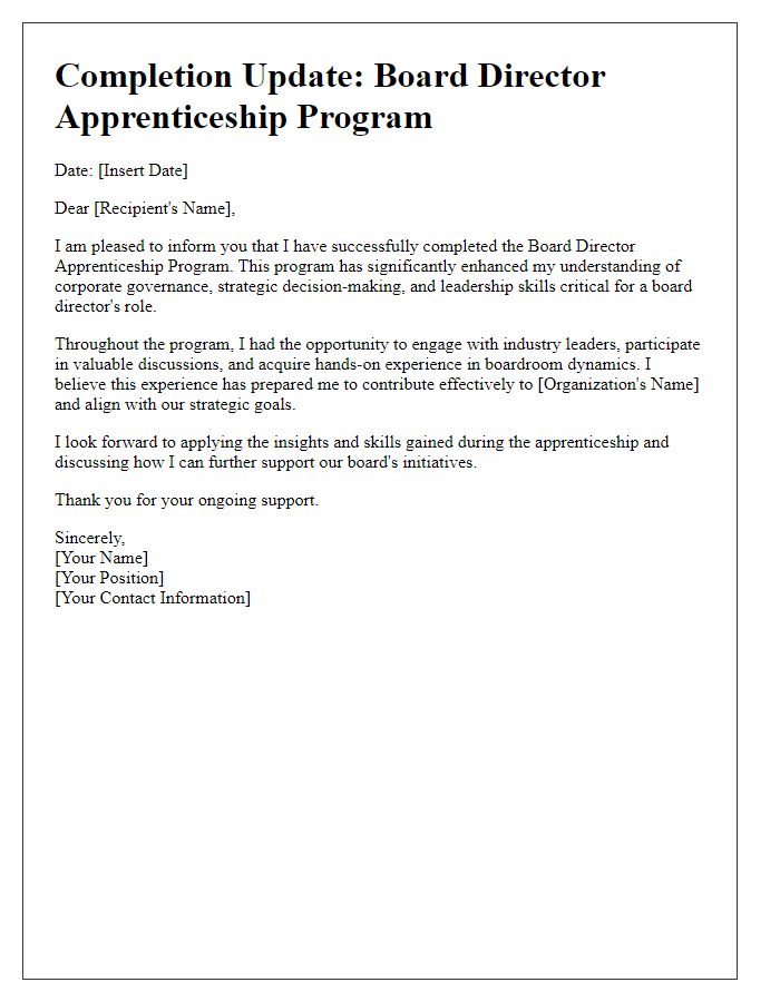 Letter template of board director apprenticeship program completion update