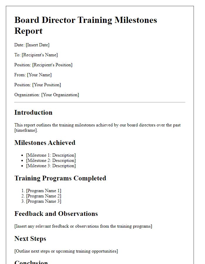 Letter template of board director training milestones report