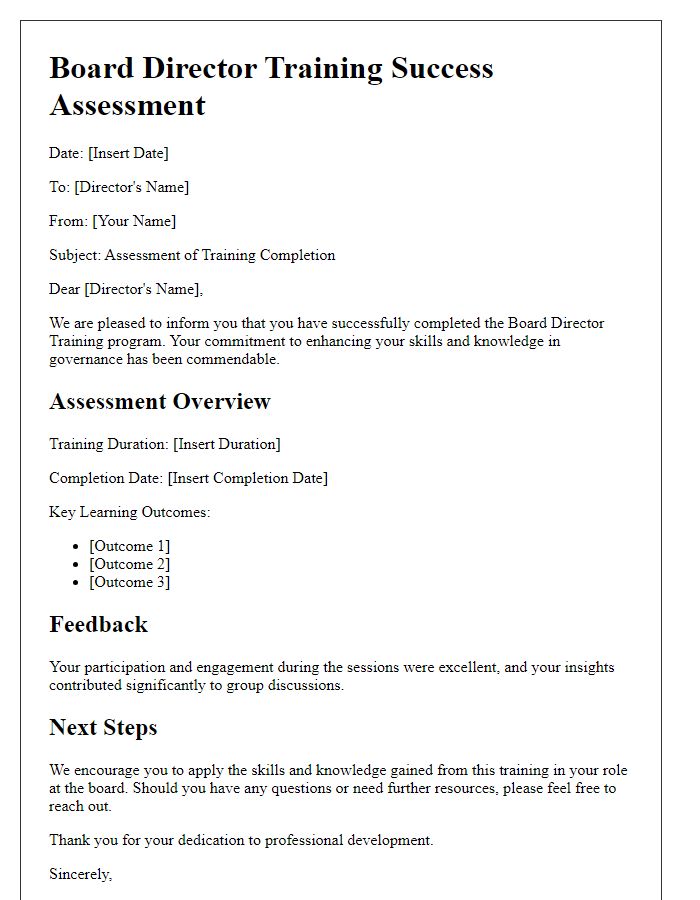 Letter template of board director training success assessment