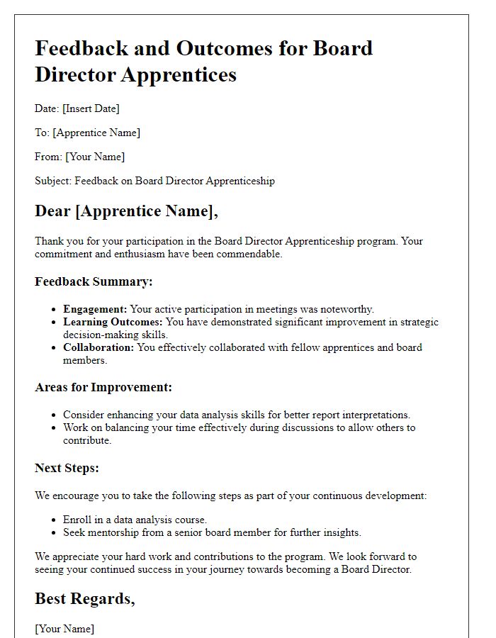 Letter template of feedback and outcomes for board director apprentices