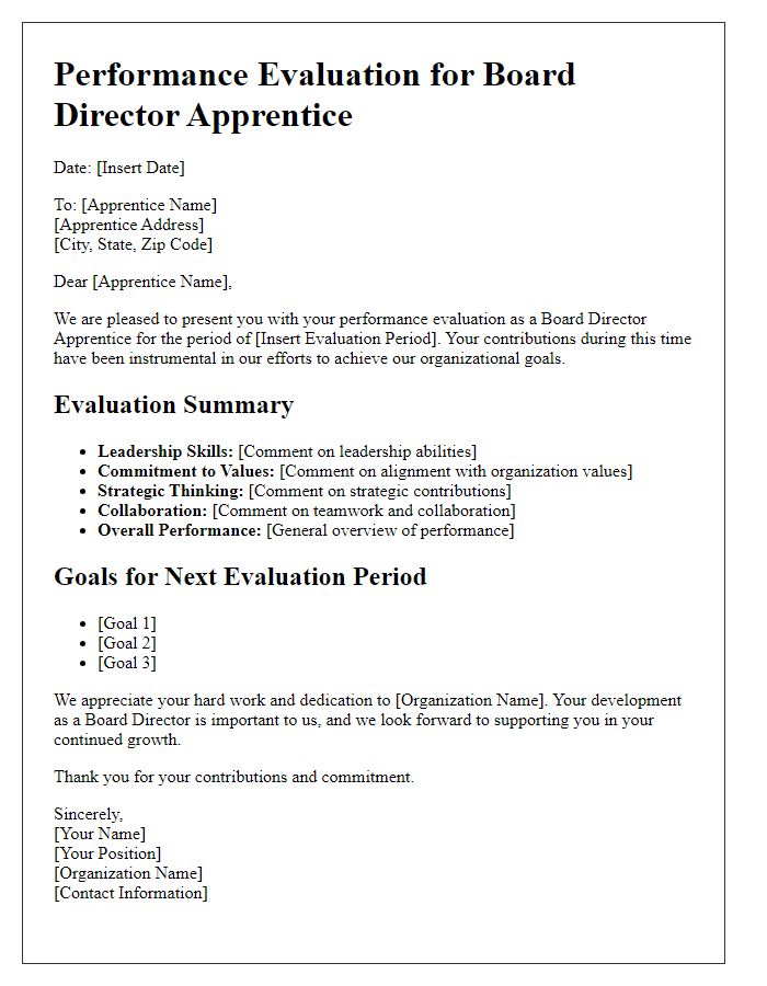 Letter template of performance evaluation for board director apprentices