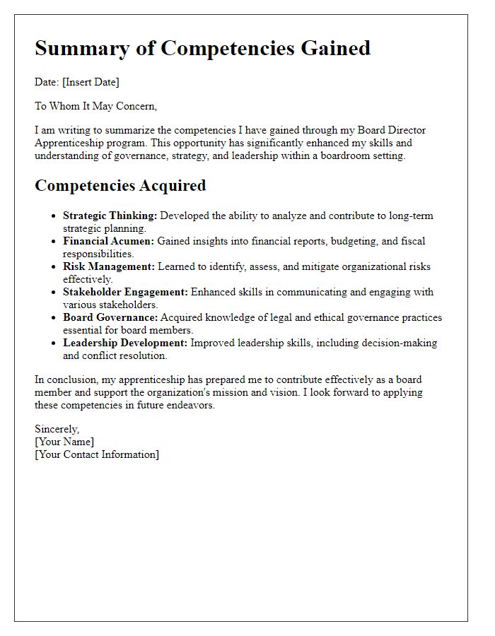 Letter template of summary of competencies gained through board director apprenticeship