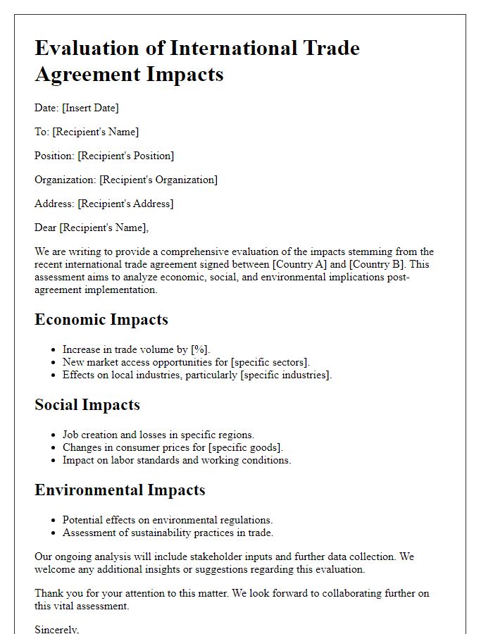 Letter template of evaluation of international trade agreement impacts.