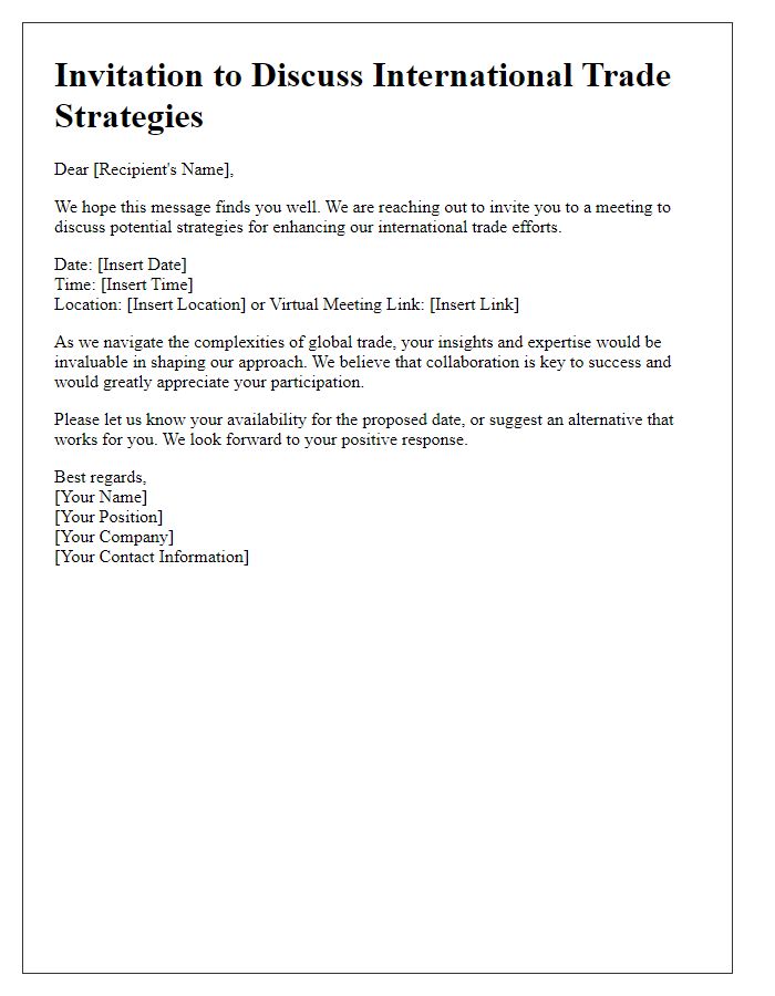 Letter template of invitation to discuss international trade strategies.