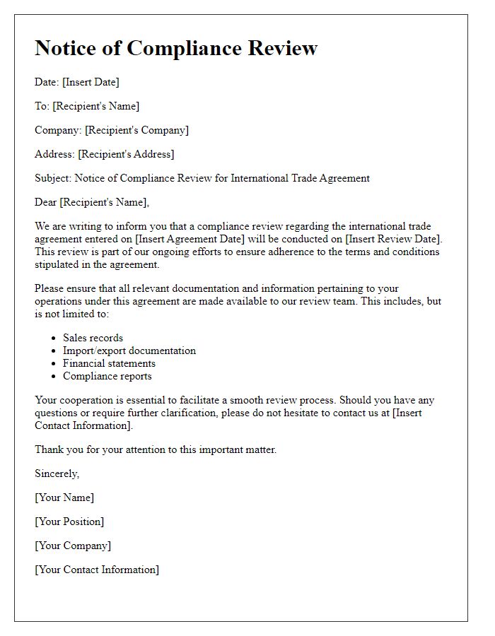 Letter template of notice for international trade agreement compliance review.