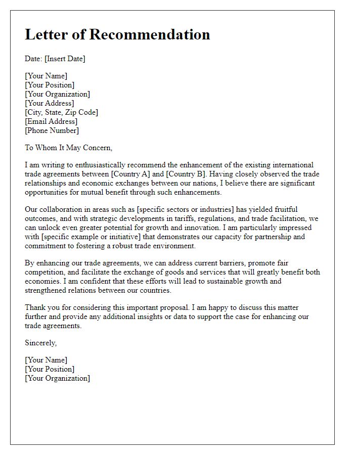 Letter template of recommendation for international trade agreement enhancements.