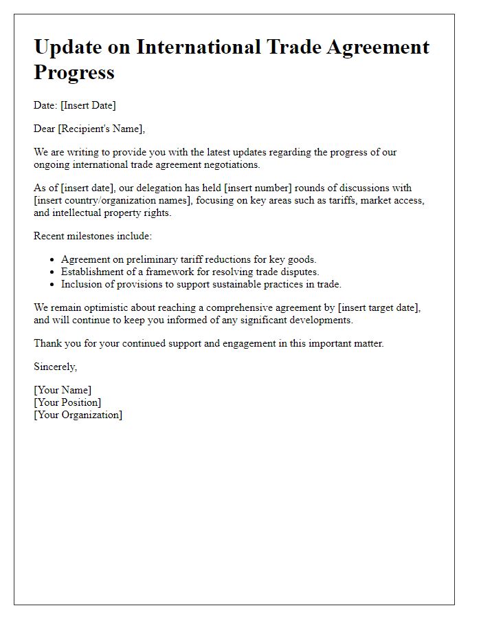 Letter template of update regarding international trade agreement progress.