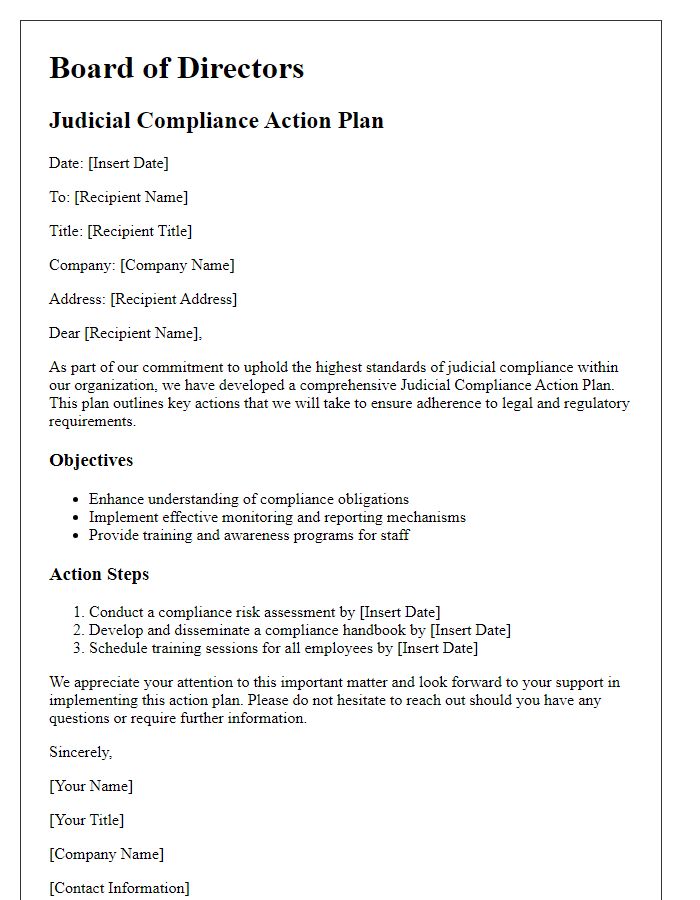 Letter template of board director judicial compliance action plan