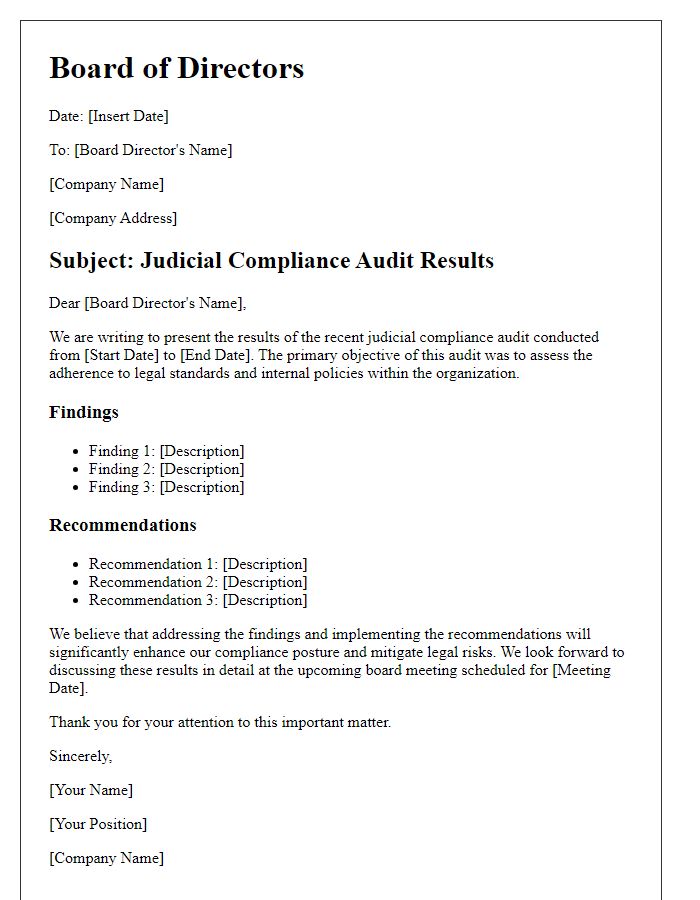 Letter template of board director judicial compliance audit results