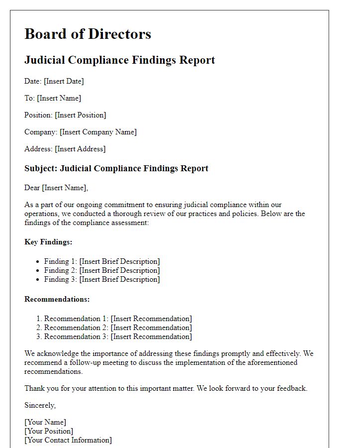 Letter template of board director judicial compliance findings report