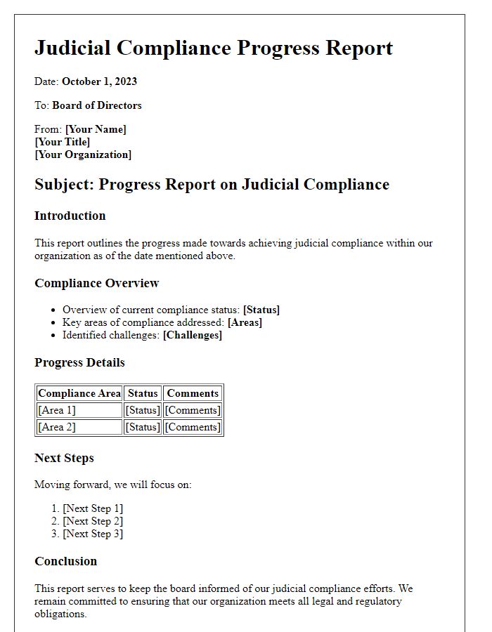 Letter template of board director judicial compliance progress report