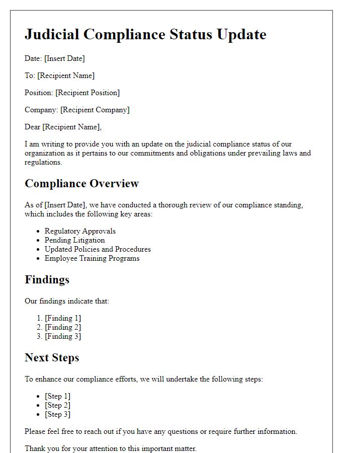 Letter template of board director judicial compliance status update