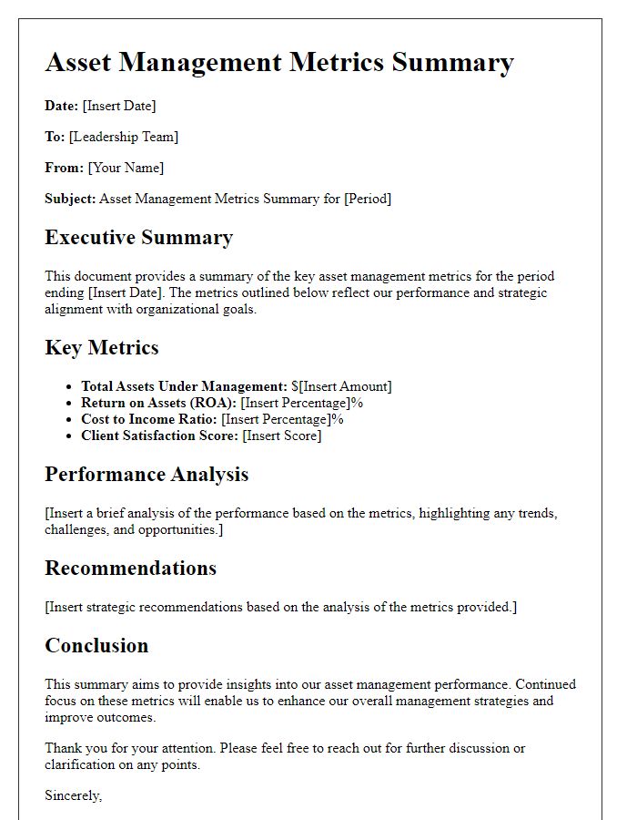 Letter template of asset management metrics summary for leadership