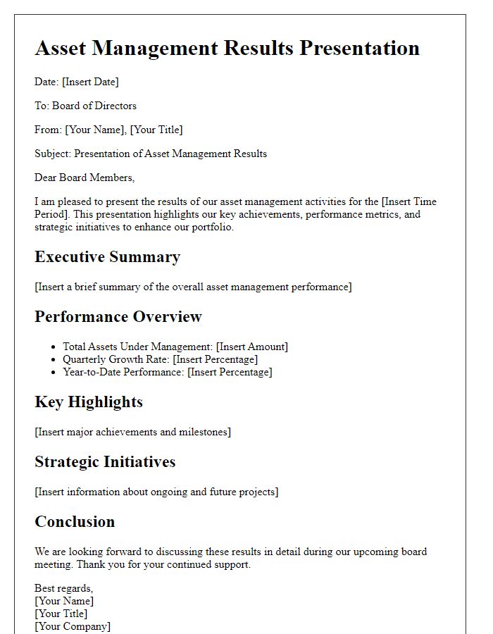 Letter template of asset management results presentation for the board