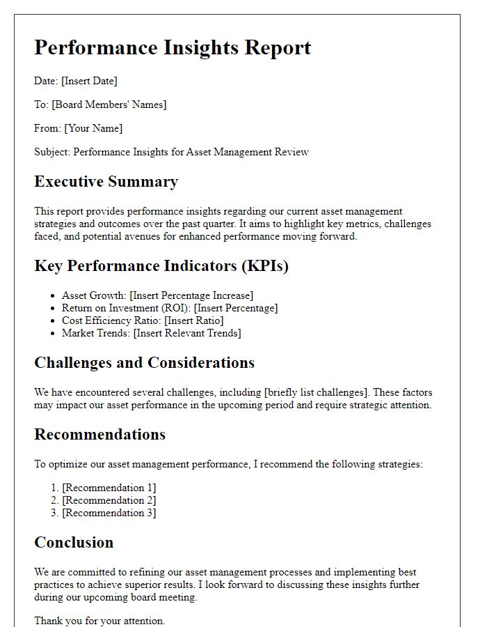 Letter template of performance insights for board asset management review