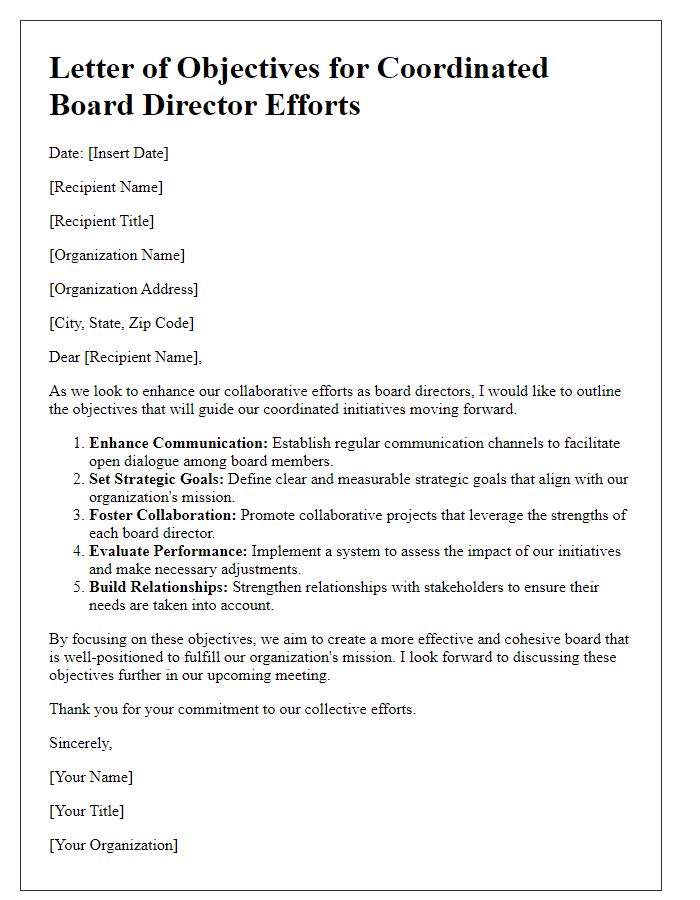 Letter template of Objectives for Coordinated Board Director Efforts