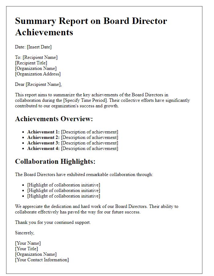 Letter template of Summary Report on Board Director Achievements in Collaboration