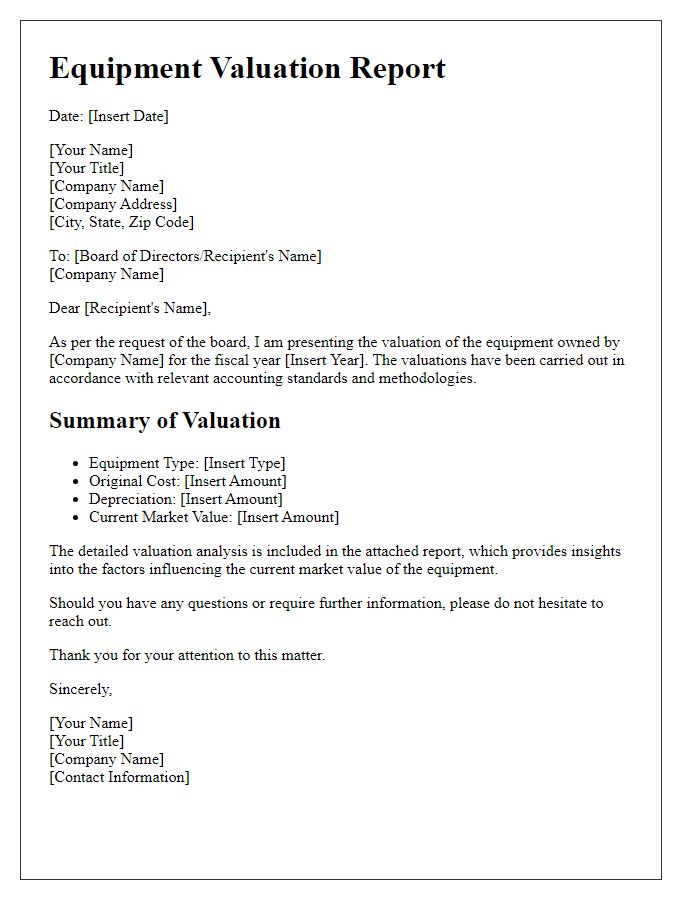 Letter template of board director equipment valuation