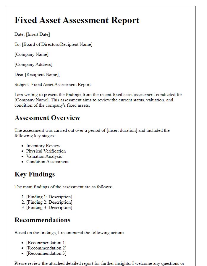 Letter template of board director fixed asset assessment