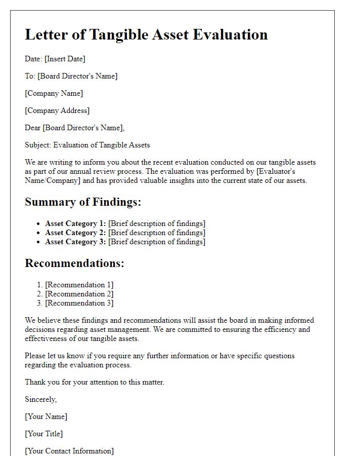 Letter template of board director tangible asset evaluation