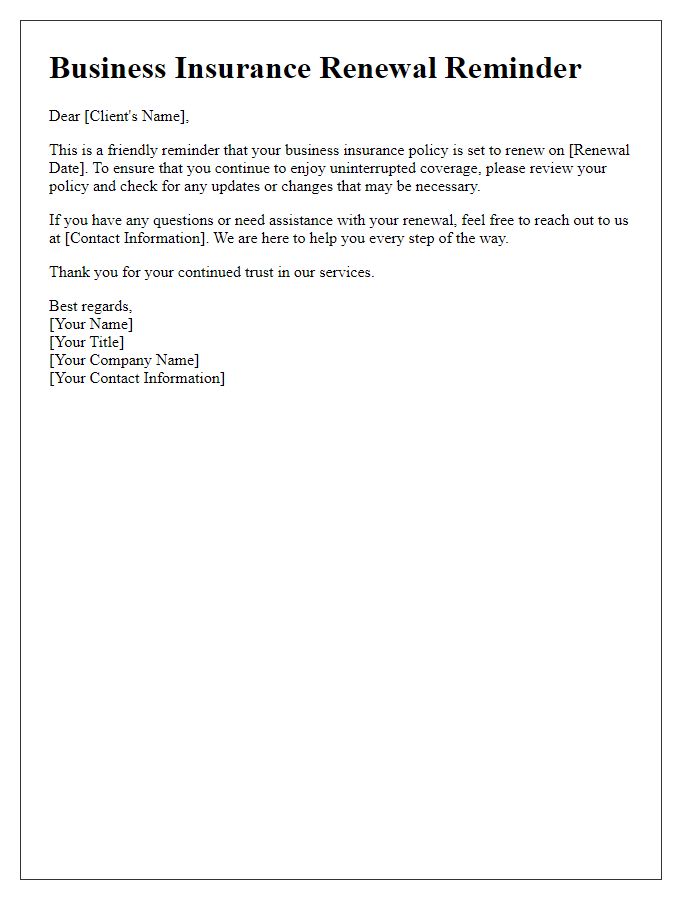 Letter template of business insurance renewal reminder